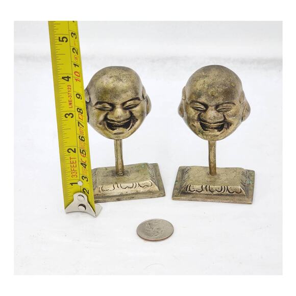 Laughing Buddha Pair Statue Figurines Brass Asian On Miniature Stand 3.5" - Picture 8 of 10